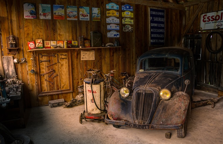 Abandoned car in garage