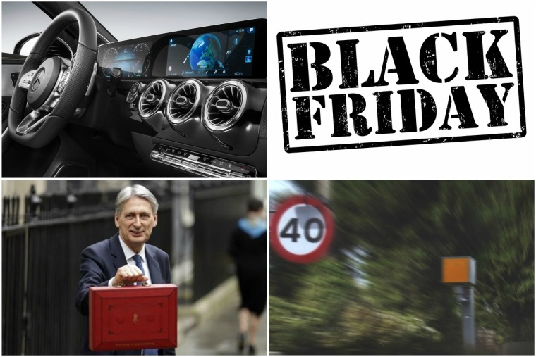 Top left clockwise: new A-Class interior, Black Friday, Road Safety Week, Philip Hammond.