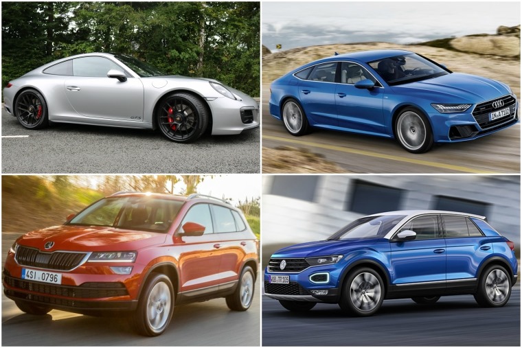Top left clockwise: Porsche 911 GTS, all-new Audi A7, Volkswagen T-Roc, Skoda Karoq.