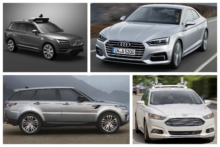 Top left clockwise: Volvo-Uber self driving car, Audi A5, Ford Mondeo self driving Hybrid, 2017 Range Rover