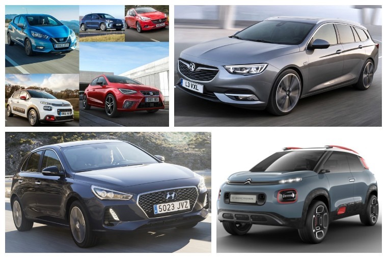 Upper left clockwise: Superminis for 2017, Insignia Sports Tourer, C-Aircross concept, new Hyundai i30
