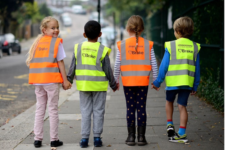 Bridgestone and Brake road safety at Rokesly Infant School in London. From left is Year 2 pupils Eloise Ocean, Yaqub Osib, Mia Skovsende and Samuel Bond.