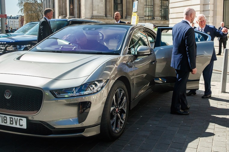 Prince Charles with an I-Pace in April - his is in custom Loire Blue paint 