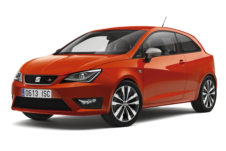 Seat Ibiza MY 2016 facelift red front three quarters in white studio