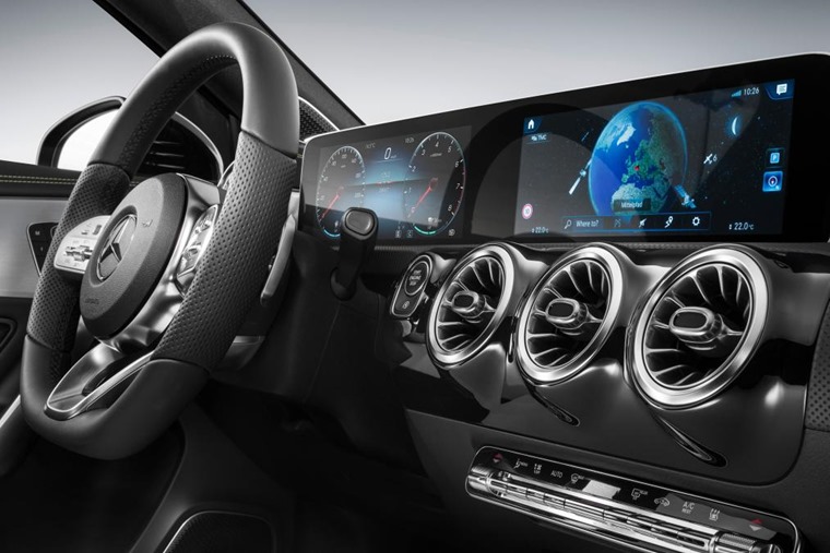Mercedes is showcasing a new infotainment system that will feature in the upcoming A-Class (pictured).