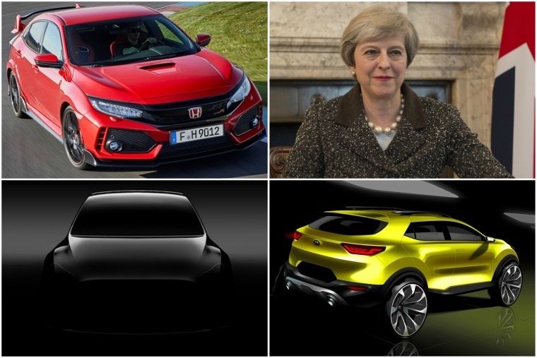 Upper left clockwise: New Honda Civic Type R, Theresa May, the new Kia Stonic and a teaser pic of Tesla Model Y.