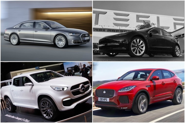 Top left clockwise: Audi A8, Tesla Model 3, Jaguar E-Pace and Mercedes-Benz X-Class