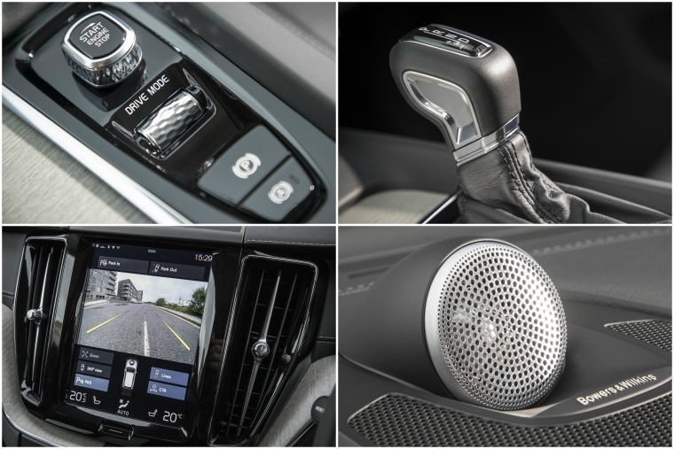 Top right clockwise: Drive Mode control, 8-speed automatic gearbox, optionals Bowers and Willkins sound system, 9in infotainment system.