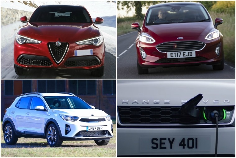 Top left clockwise: New Alfa Romeo Stelvio, New Ford Fiesta, Range Rover Sport PHEV and Kia Stonic.