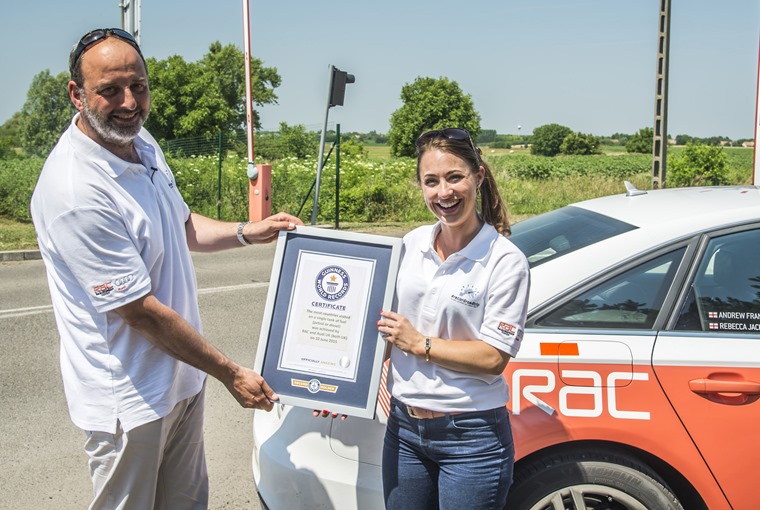 Motoring writer Andrew Frankel and racing driver Rebecca Jackson with their Guinness World Record