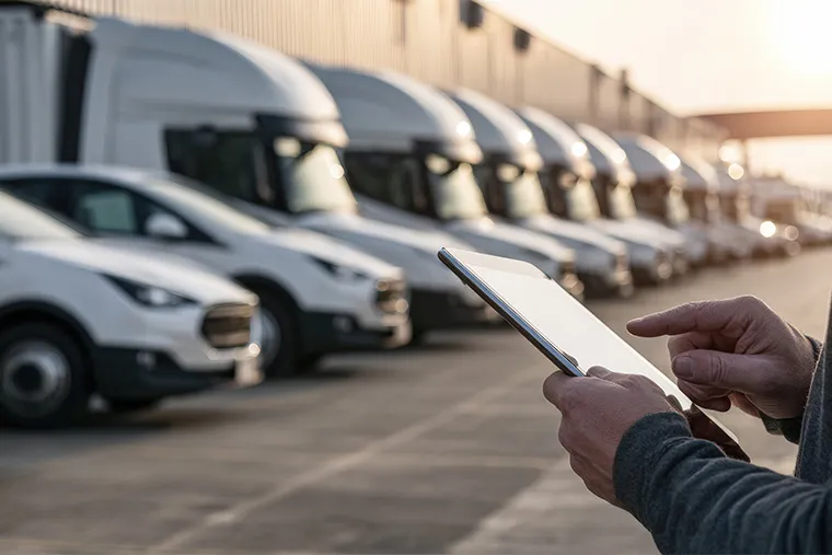 Person holding a tablet while inspecting a row of parked commercial vans in an outdoor fleet yard.