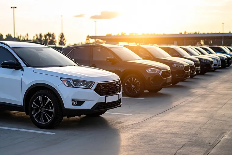 Line of parked SUVs in a car park at sunset, showcasing a range of modern fleet vehicles.