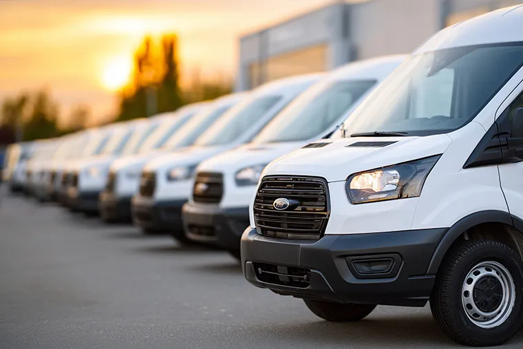 Row of white commercial vans parked in a fleet yard during sunset.