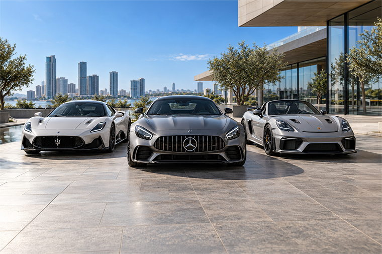 A selection of modern luxury cars outside luxury office.
