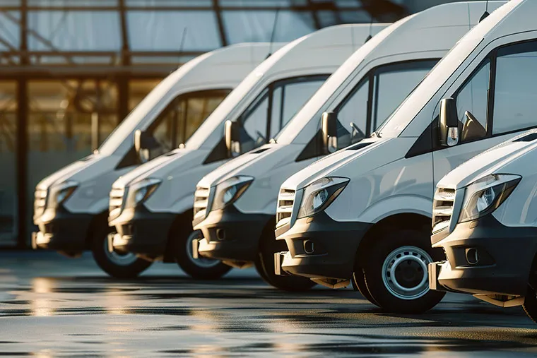A row of white commercial vans parked in a lot, with a focus on their front ends. The image highlights the variety of vans available for leasing, showcasing their modern design and practicality for businesses.