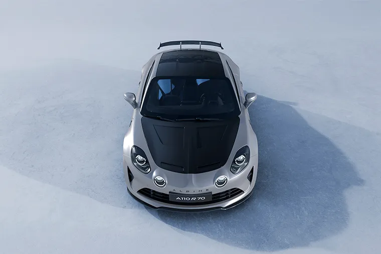 Alpine A110 R sports car top view in silver with black bonnet