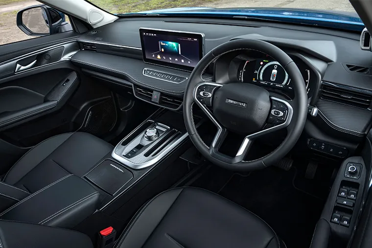 GWM interior with black leather seats, digital driver display, touchscreen infotainment and modern steering wheel
