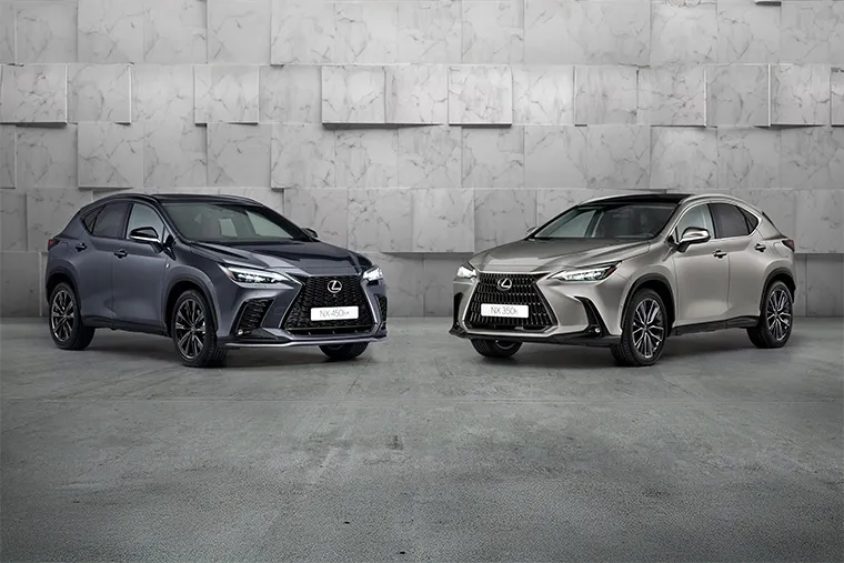 Two Lexus NX SUVs — one in graphite grey and the other in satin silver, parked indoors against a textured marble wall.