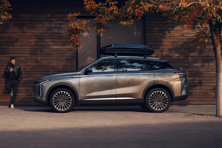 Man leaning against a wooden wall beside a sleek silver SUV with a roof box, parked under autumn-colored trees.