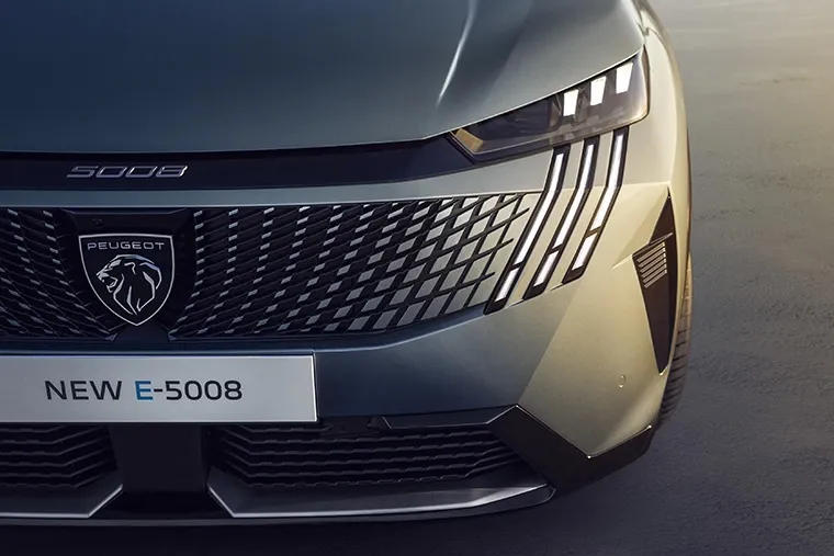 Close-up of the Peugeot lion emblem on the front grille, showing the brand’s identity and heritage.