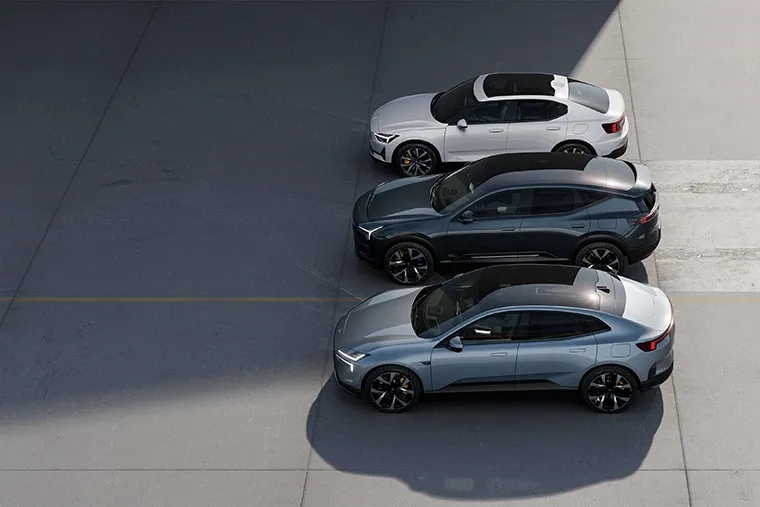 Top-down view of the full Polestar lineup including Polestar 2, Polestar 3, and Polestar 4.