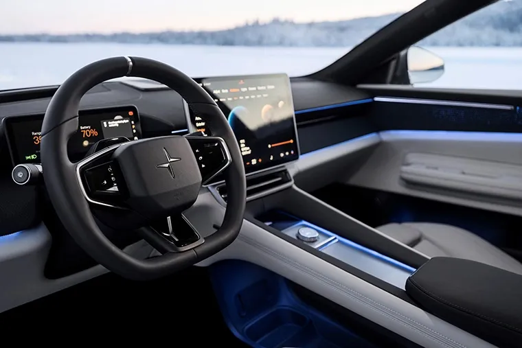 Polestar interior with digital displays and illuminated trim