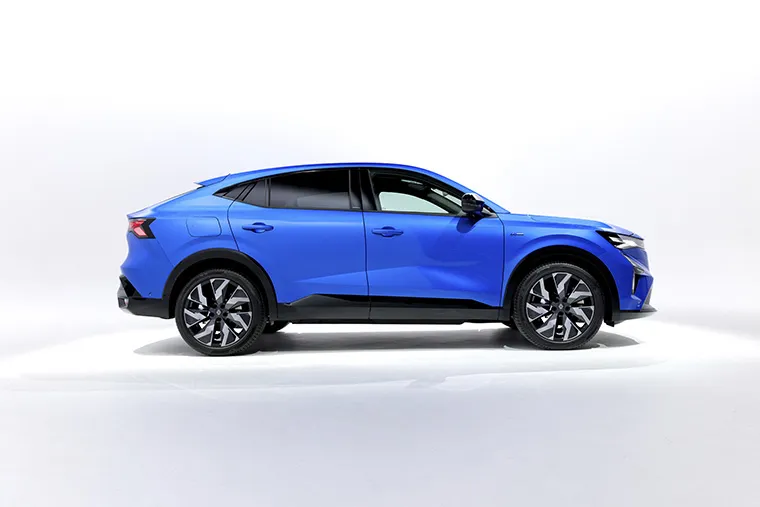 Blue Renault Rafale E-Tech SUV coupe side profile in modern white studio background.
