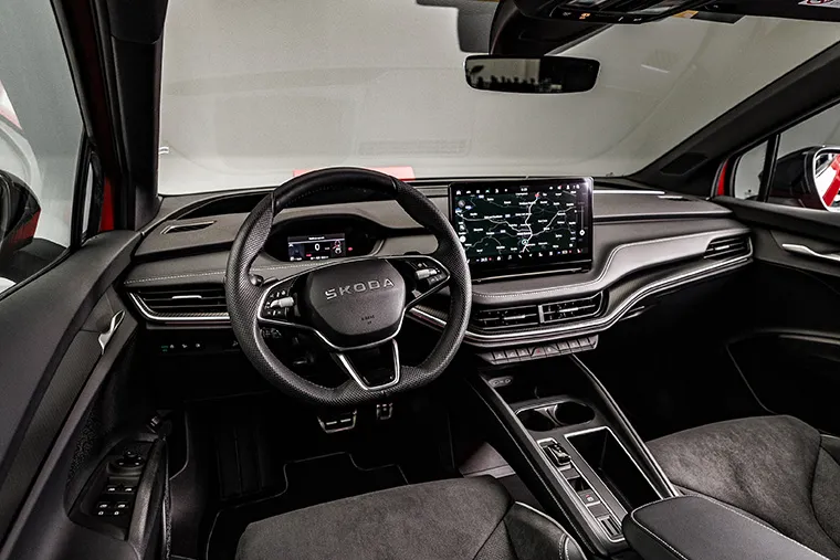 Interior view of Skoda electric SUV featuring digital cockpit.