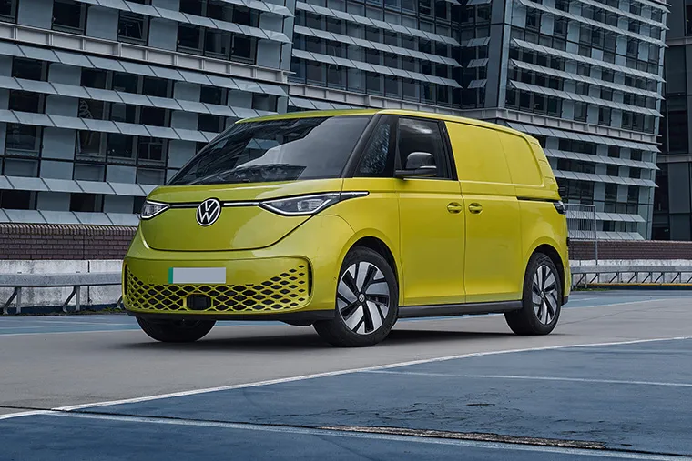Yellow Volkswagen ID. Buzz electric van in a cityscape, promoting van lease deals.
