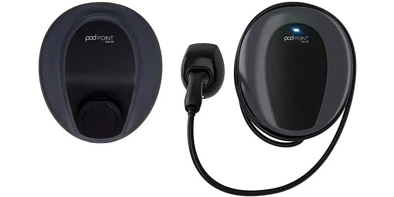 Two Pod Point Solo 3S electric vehicle chargers shown side by side, one untethered unit with a closed socket cover and one tethered unit with a charging cable and connector attached.