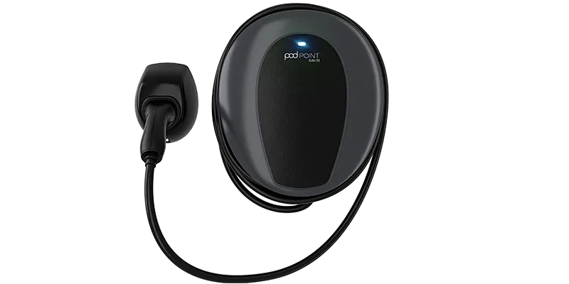 Pod Point Solo 3S tethered electric vehicle charger with attached charging cable and connector.