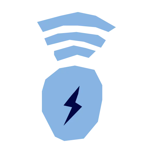 A lightning bolt symbol beneath wireless signal waves, representing a smart connected charger