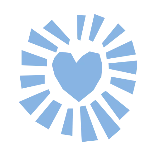 A heart shape radiating beams of light, like a sun, representing care and energy